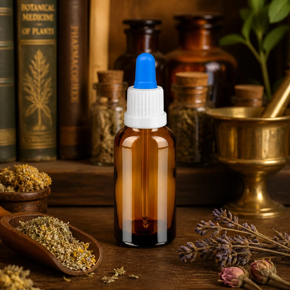 30 ml pipettflaska vit/blå med säkerhetsförslutning BrownLine UT18/30 30 ml pipettflaska i bärnstensfärgat glas - UV-skydd för naturliga extrakt och homeopatiska läkemedel