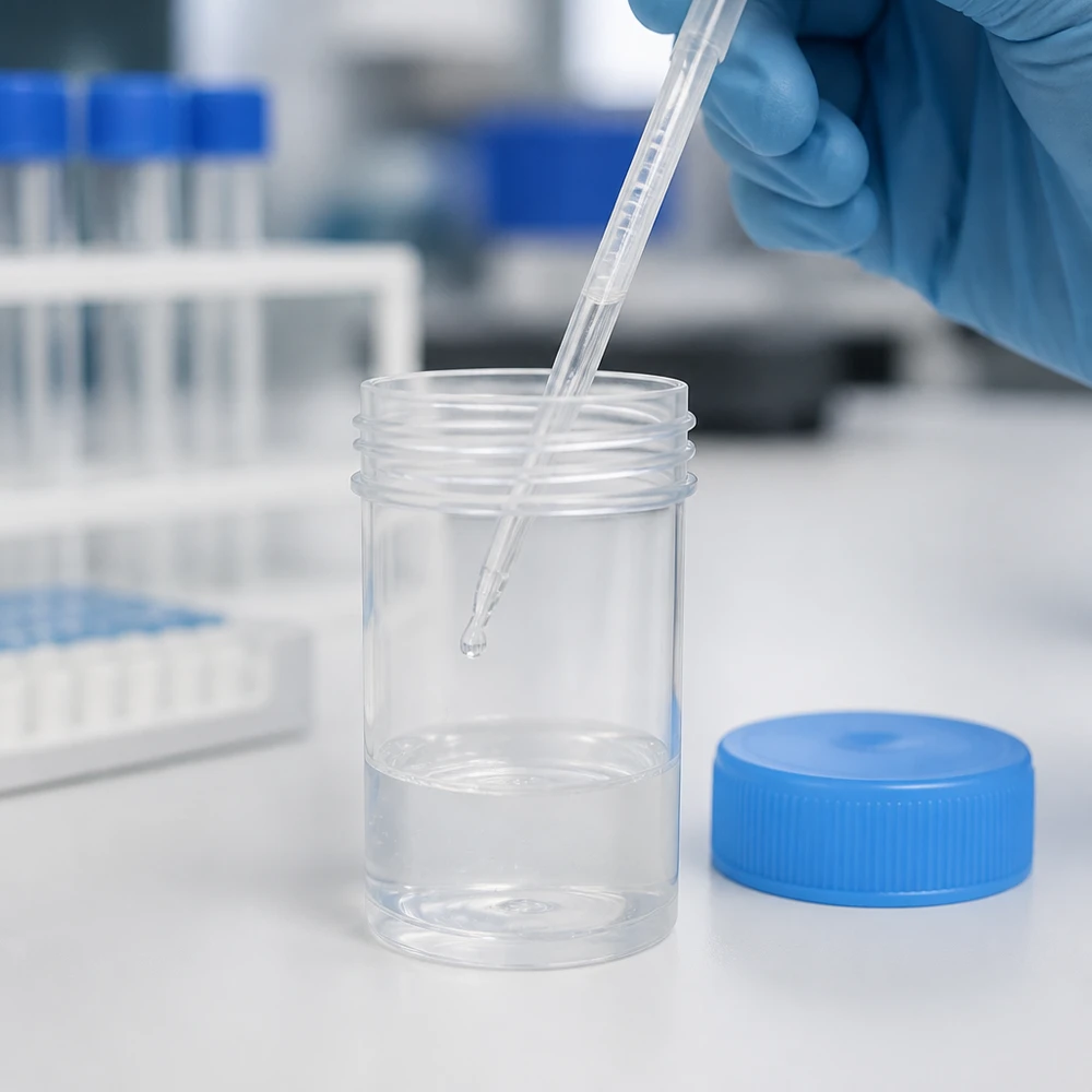 En laboratorieassistent med blå handskar pipetterar en klar vätska i en öppen plastburk på 20 ml