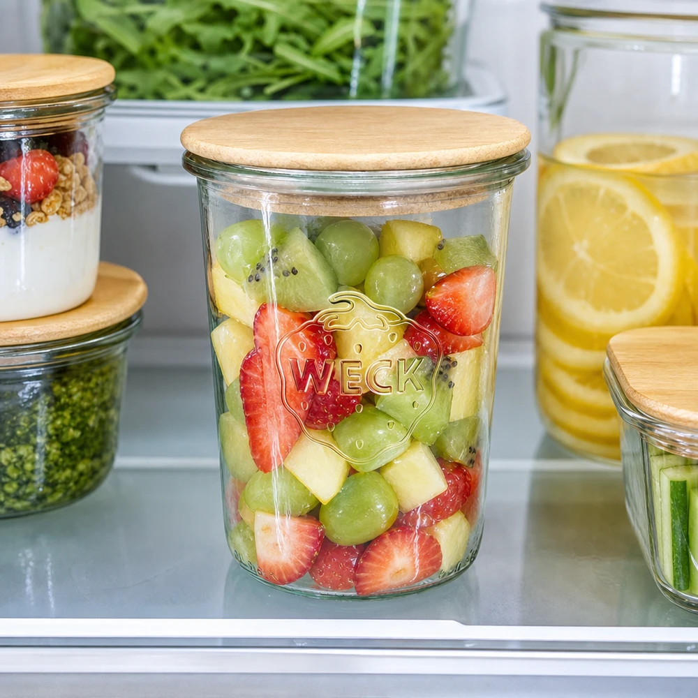 850ml WECK RR100 Krossade glasögon med trälock WECK Sturzglas 850ml RR100 Holzdeckel Kühlschrank Obstsalat Meal Prep frische Früchte Kiwi Erdbeeren Aufbewahrung