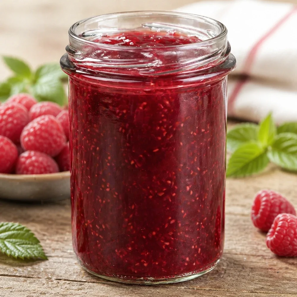 UNiTWIST-glas 230ml TO66 fyllda med röd sylt, omgivna av färska hallon och gröna blad
