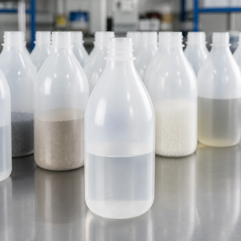 Ett parti genomskinliga 100 ml-flaskor med smal hals utan lock, innehållande olika pulverprover i laboratoriet