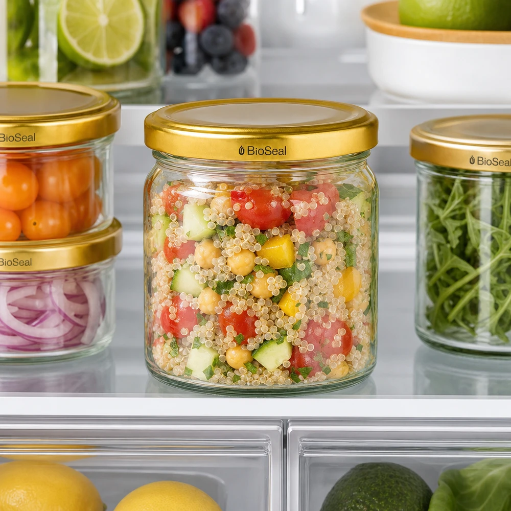408 ml rund burk med UNiTWIST BioSeal-lock i guld UNiTWIST Runda408 Vorratsgläser mit goldenen TO82 BioSeal Deckeln im Kühlschrank - praktische Aufbewahrung von Salat