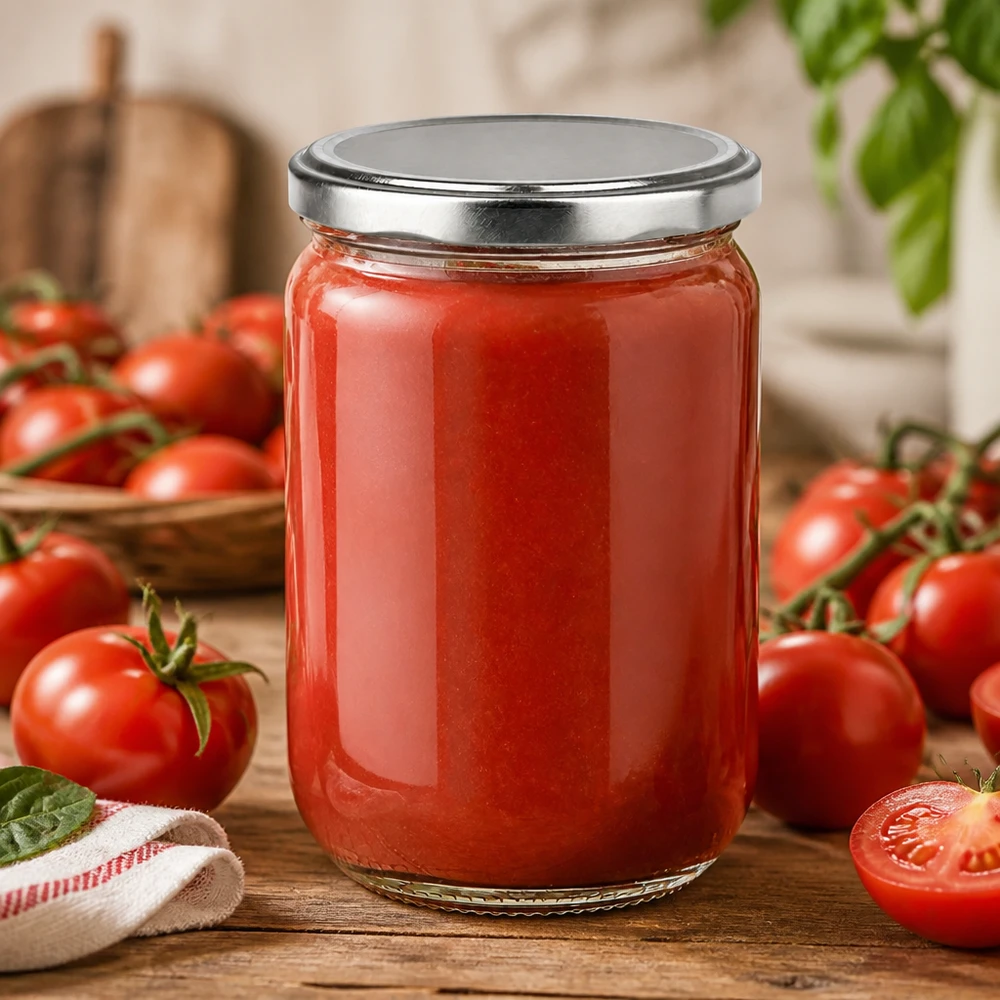 555 ml rund UNiTWIST-glasburk fylld med röd tomatsås och ett silverfärgat BasicSeal-lock