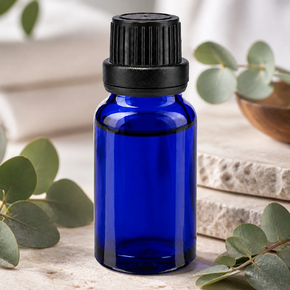Apoteksflaska blå 10ml dropplock hällring 2mm svart manipuleringssäkert lock Koboltblå glasflaska på 10 ml med svart skruvlock och säkerhetsring för naturkosmetik