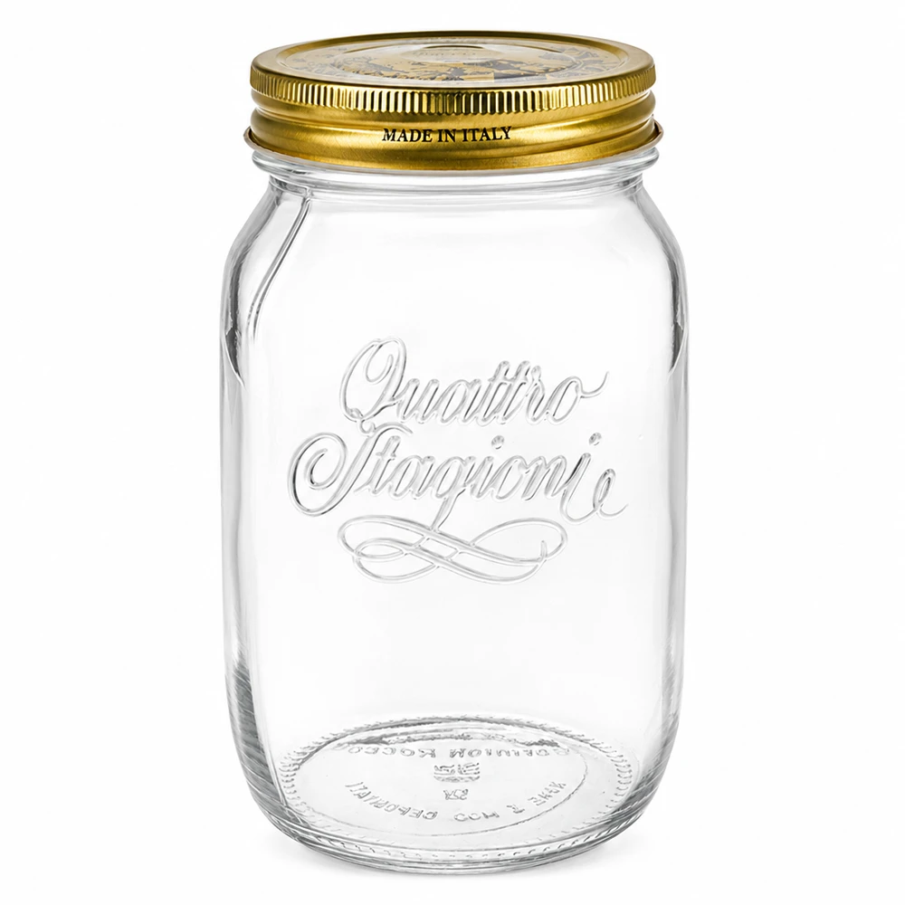 1000ml rund burk "Quattro Stagioni" med lock 1000ml Quattro Stagioni rund burk med gyllene skruvlock Made in Italy konserveringsburk tom