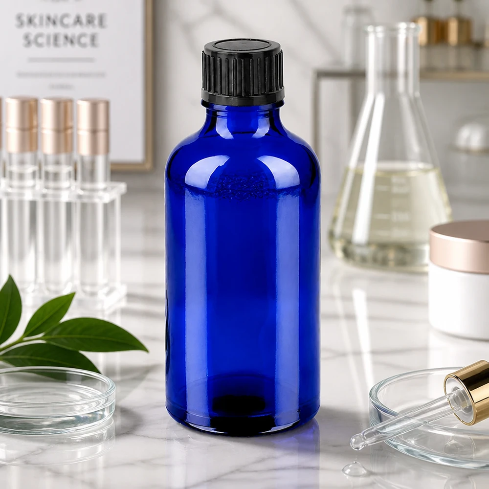 50 ml BlueLine-glasflaska med UV-skydd och ergonomisk design för laboratoriebruk