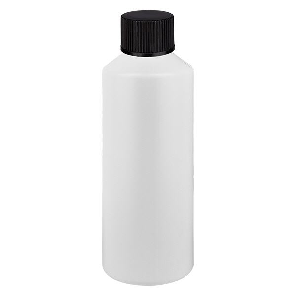 Apoteksflaska HDPE 100ml vit, med svart skruvlock Apoteksflaska HDPE 100ml vit, med svart skruvlock