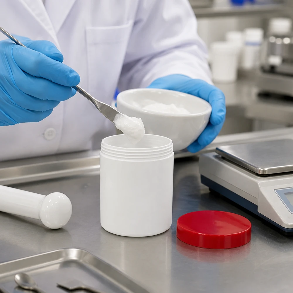 Salvburk 50g vit med rött skruvlock (polypropylen) Farmakologisk fyllning av salva i en vit plastburk på 50 g med rött skruvlock