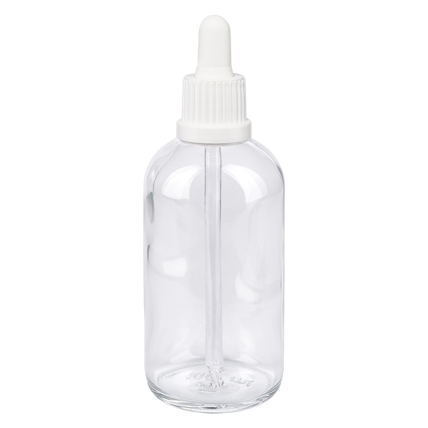 100 ml pipettflaska vit med säkerhetsförslutning ClearLine UT18/100 100 ml pipettflaska ClearLine av klart glas med vit droppspets