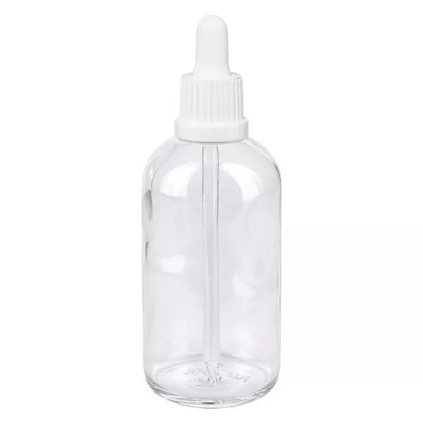 100 ml pipettflaska vit med säkerhetsförslutning ClearLine UT18/100 100 ml pipettflaska ClearLine av klart glas med vit droppspets