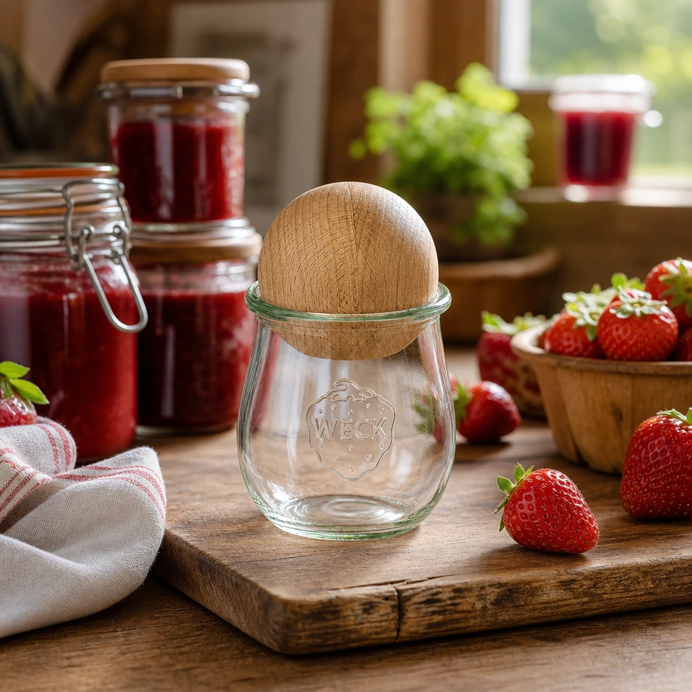WECK tulpanburk RR60 220ml i rustikt kök med jordgubbar och syltburkar, lockdetalj i bok
