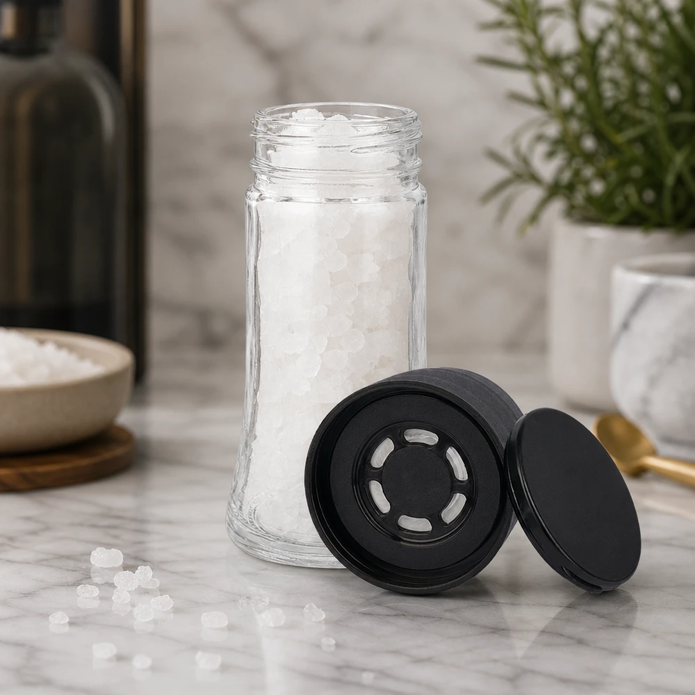 Genomskinligt saltglas, 95 ml, med svart grovkvarn och öppet lock på en marmoryta
