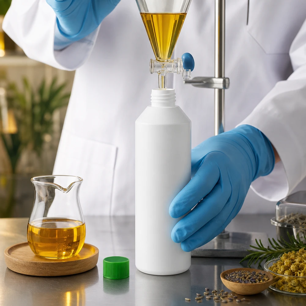Apoteksflaska HDPE 250ml vit, med grönt skruvlock Laboratorieteknikern fyller en vit HDPE-apotekflaska på 250 ml med gul olja med hjälp av en glas tratt med kran