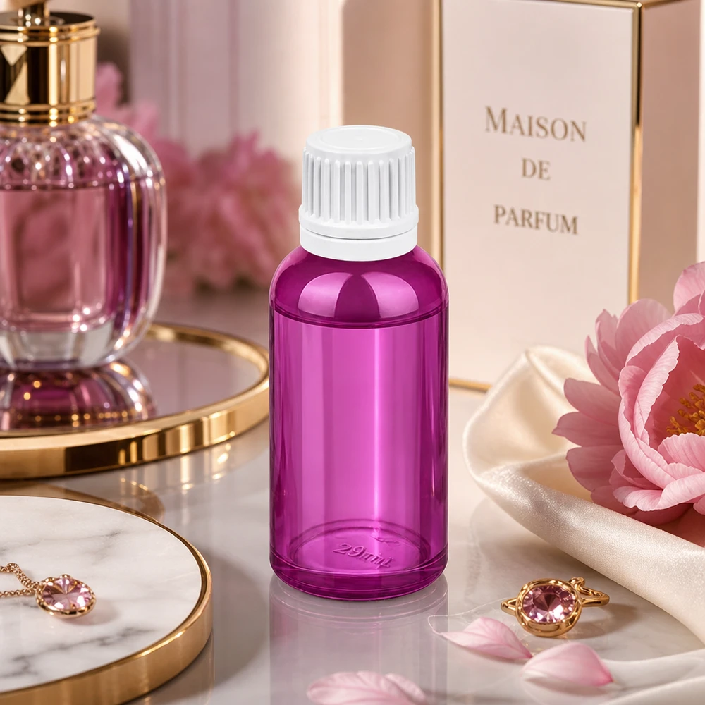 30 ml violett droppflaska med exakt 0,7 mm droppinsats för kosmetika och parfym
