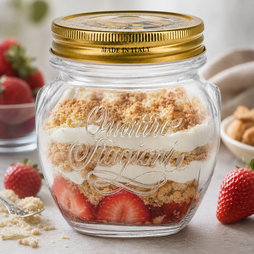 300ml rund burk "Quattro Stagioni" med lock Quattro Stagioni 300ml runt glas med gyllene lock fyllt med en lagrad dessert med jordgubbar och strössel Tillverkad i Italien