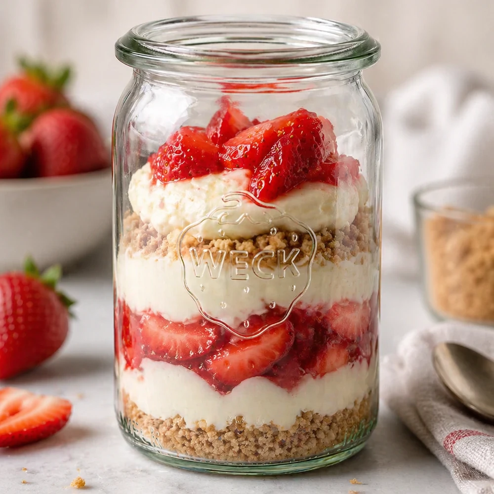 145ml cylinderburk WECK RR40 WECK RR40 cylinderburk 145ml som dessertburk med jordgubbar, grädde och strössel i lager på köksbänken