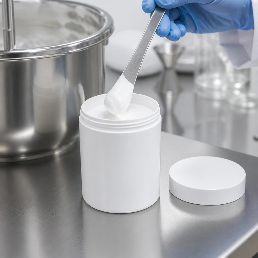 Salvburk 150g vit med vitt skruvlock (polypropylen) Salvburk 150 g, vit, av PP-plast med skruvlock för krämer och salvor