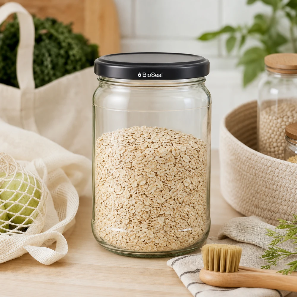 305ml rund burk + BioSeal-lock svart UNiTWIST UNiTWIST Runda305 Vorratsglas mit Haferflocken gefüllt zeigt praktische Küchenorganisation mit schwarzem BioSeal Deckel