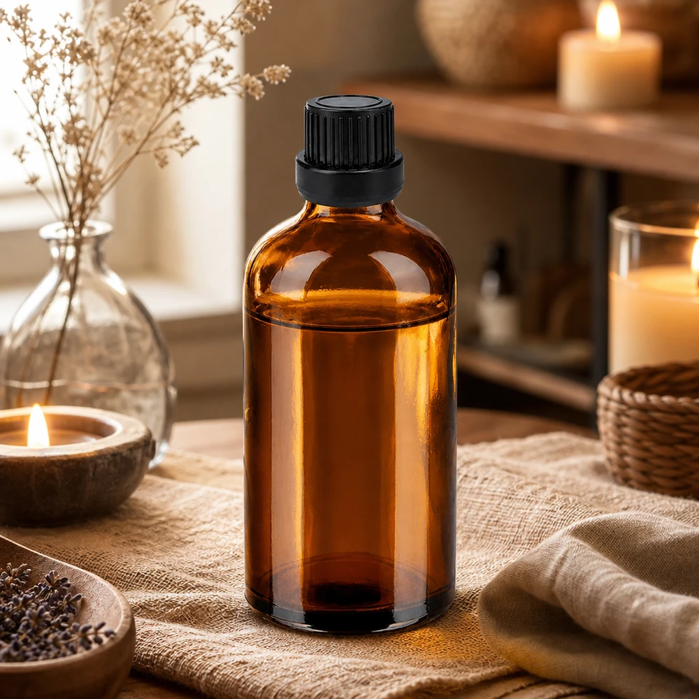 100ml Droppflaska 2mm svart med säkerhetsförslutning BrownLine UT18/100 Ljusskyddad glasflaska 100 ml med svart dropplock för säker förvaring av oljor