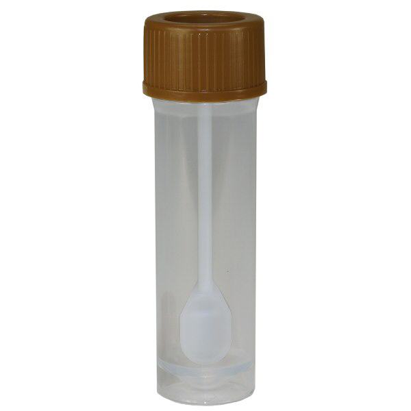 Provtagningsbehållare med integrerad sked (avföringsrör)