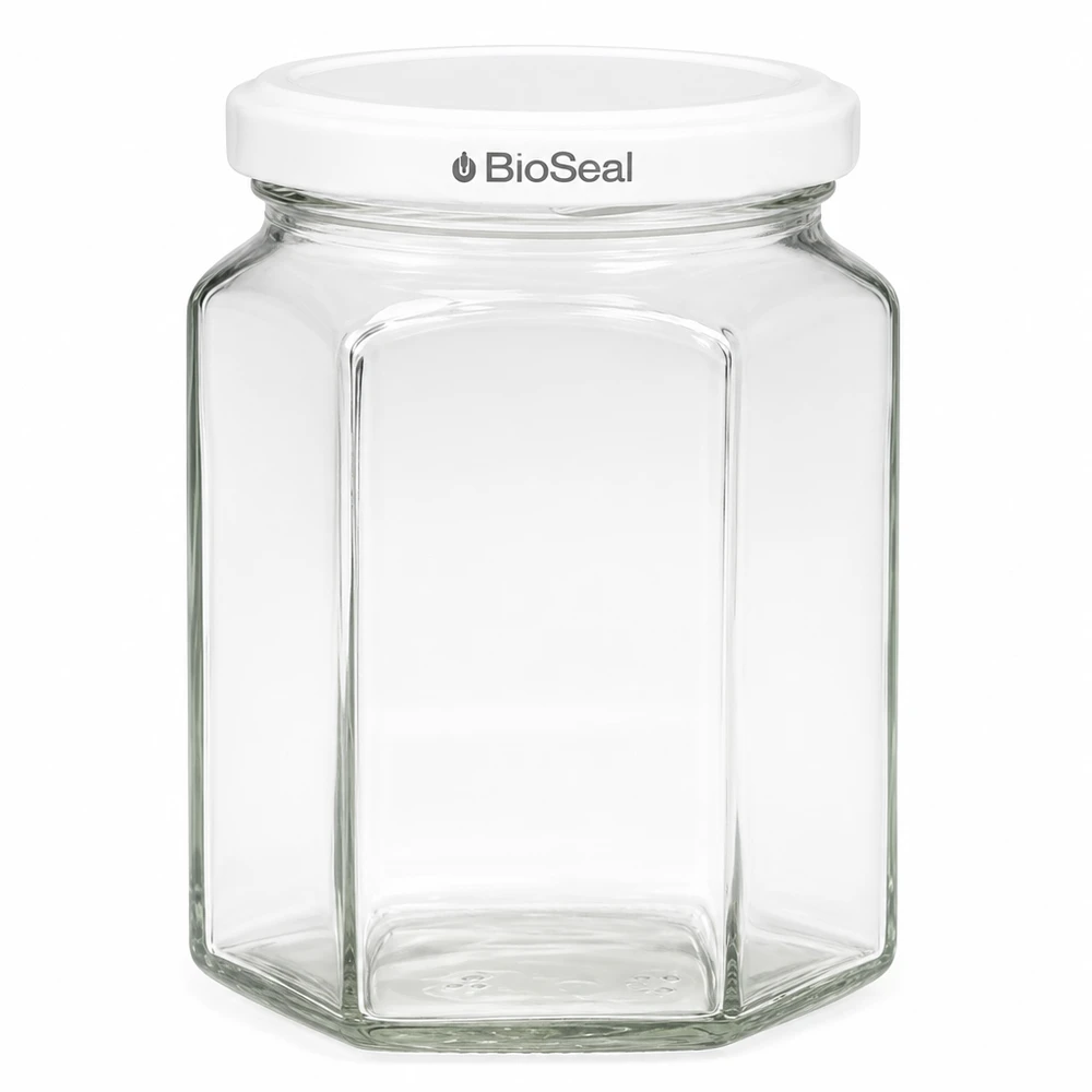 288 ml hexaburk med vitt BioSeal-lock UNiTWIST UNiTWIST Hexa288 sexkantig konserveringsburk med vitt TO63 BioSeal-lock för sylt och konserver