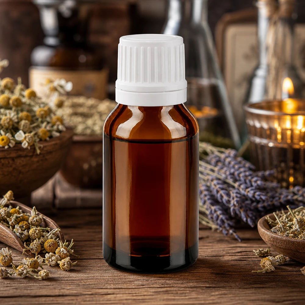 Apoteksflaska brun 15ml droppkork 1,2mm vit säkerhetsförslutning En flaska med eterisk olja, 15 ml, i brunt glas med vit droppkork, bredvid torkad kamomill och lavendel
