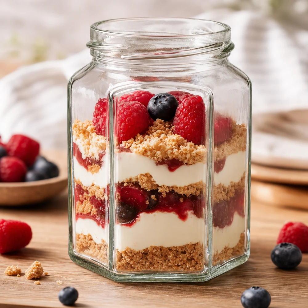 288ml hexa burk utan lock (TO63) UNiTWIST Sechseckiges Einmachglas 288ml mit Dessert-Schichtung aus Beeren und Creme - perfekt für Mason Jar Rezepte und Aufbewahr