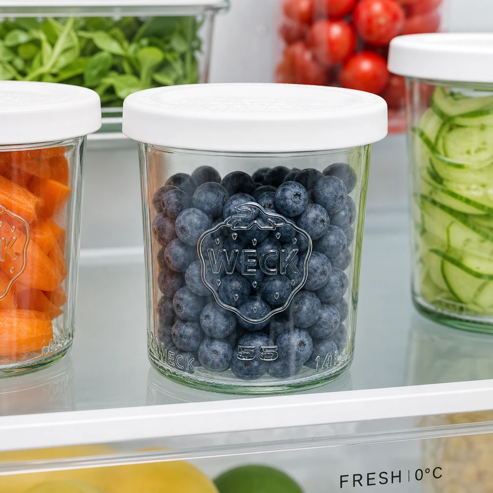 WECK 140 ml RR60-glas med blåbär i kylen - perfekt för att hålla frukt och mat fräscha