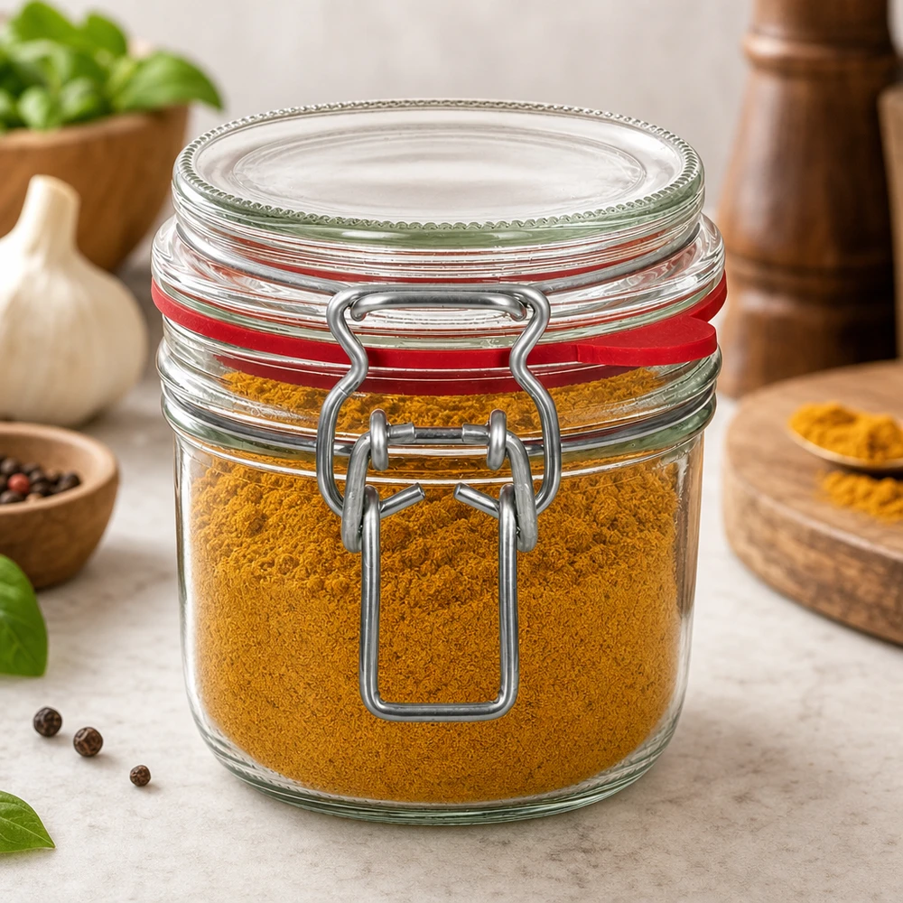 255 ml förvaringsburk av typ G med klämförslutning UN.. 255ml Bügelverschluss-Glas gefüllt mit Kurkuma-Gewürzpulver in moderner Küche mit Kräutern und Gewürzen