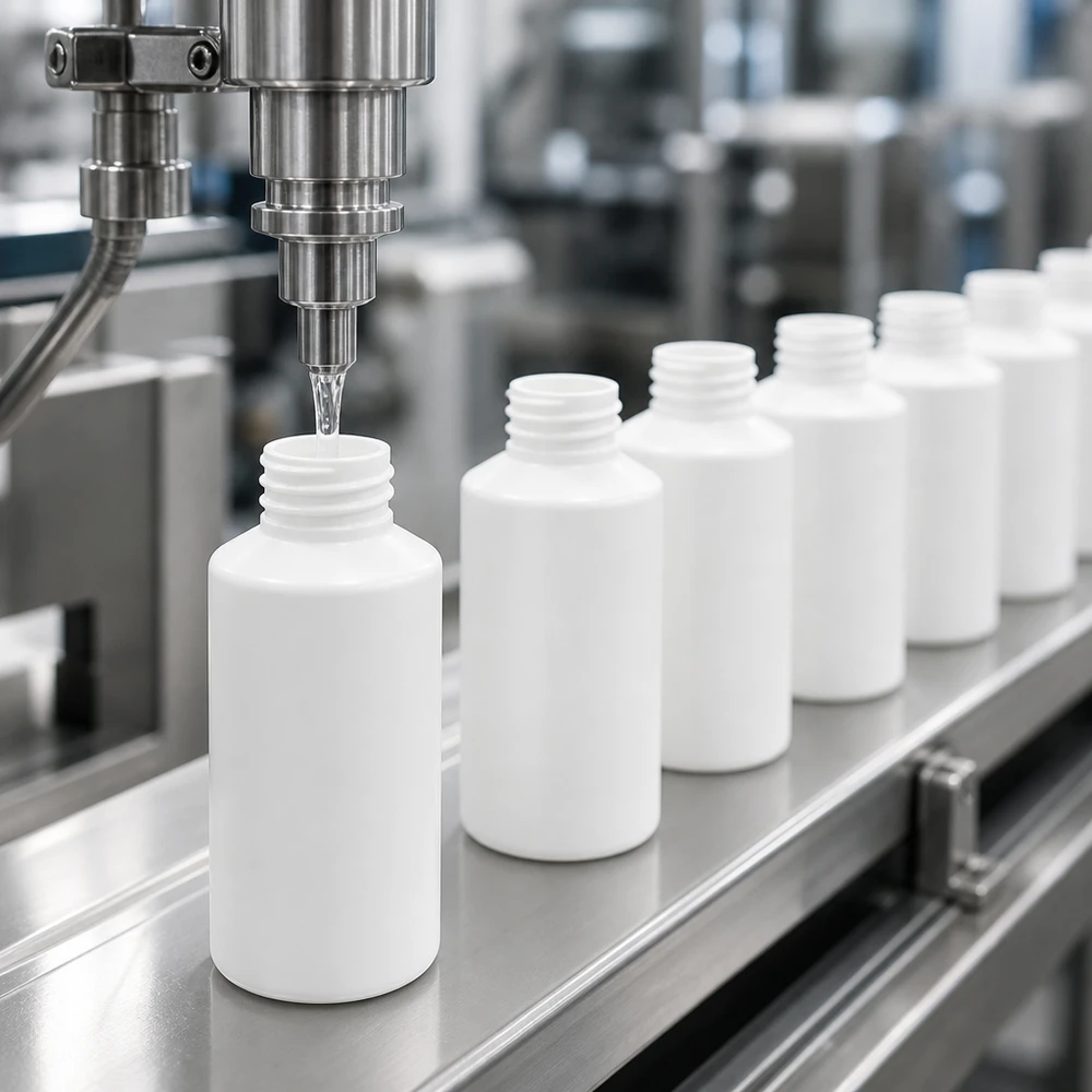 Apoteksflaska HDPE 50ml vit, utan lock Den automatiska fyllningsanläggningen fyller vita 50 ml HDPE-apotekflaskor utan lock