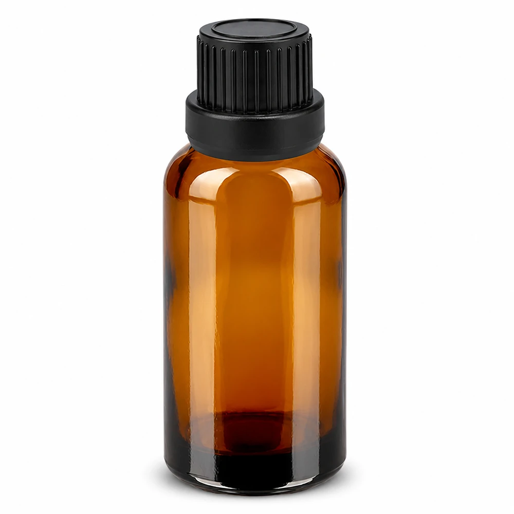 30 ml bärnstensfärgad glasflaska med svart dropplock 2 mm öppning för eteriska oljor