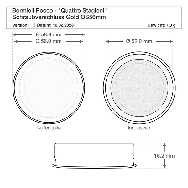 Skruvlock "Quattro Stagioni" guld QS56mm Teknisk ritning Bormioli Rocco Quattro Stagioni skruvlock guld QS56mm med mått och vikt