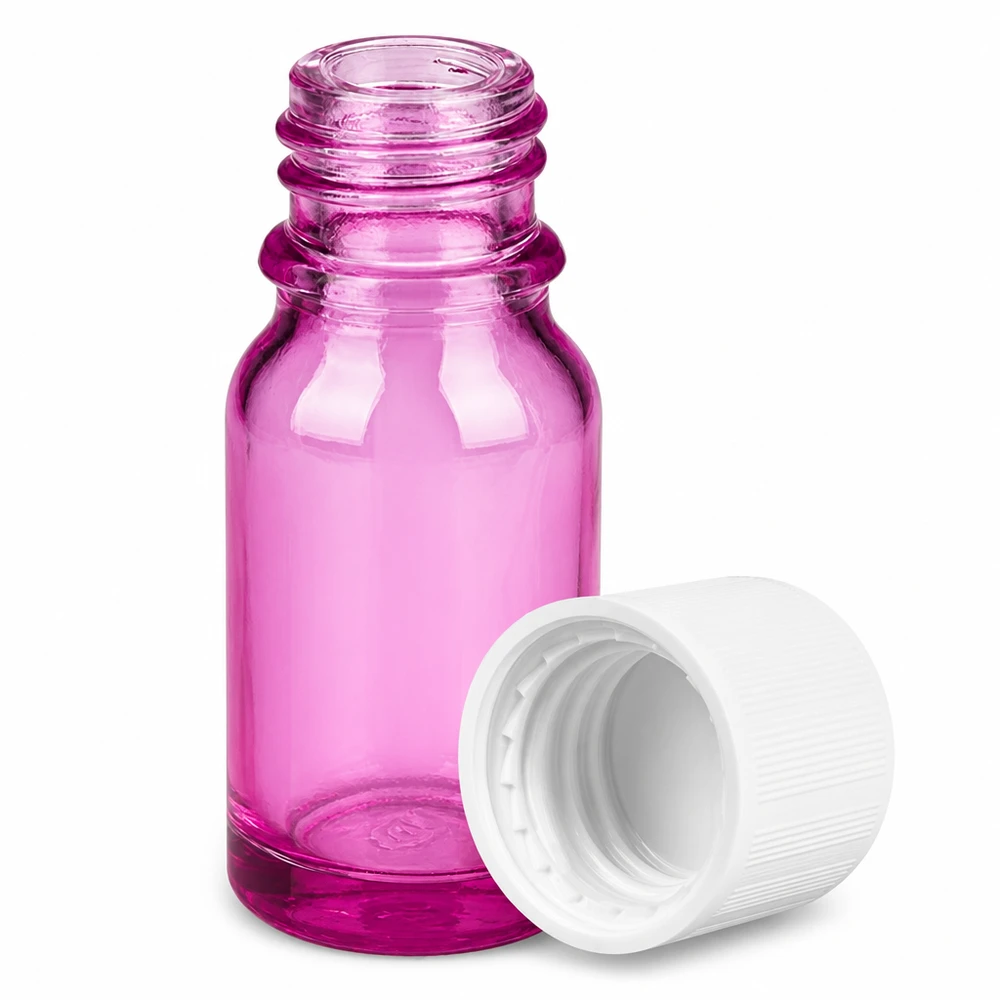 Liten violett 10 ml glasflaska med 11 mm öppning och vitt lock för aromaterapi