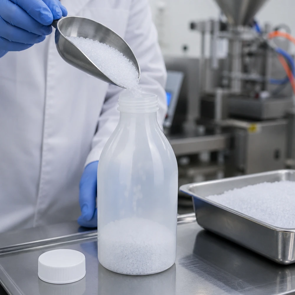 250ml skruvflaska, laboratorieflaska med smal hals En laboratorieassistent fyller vit granulat med en metallskopa i en 250 ml skruvflaska med smal hals