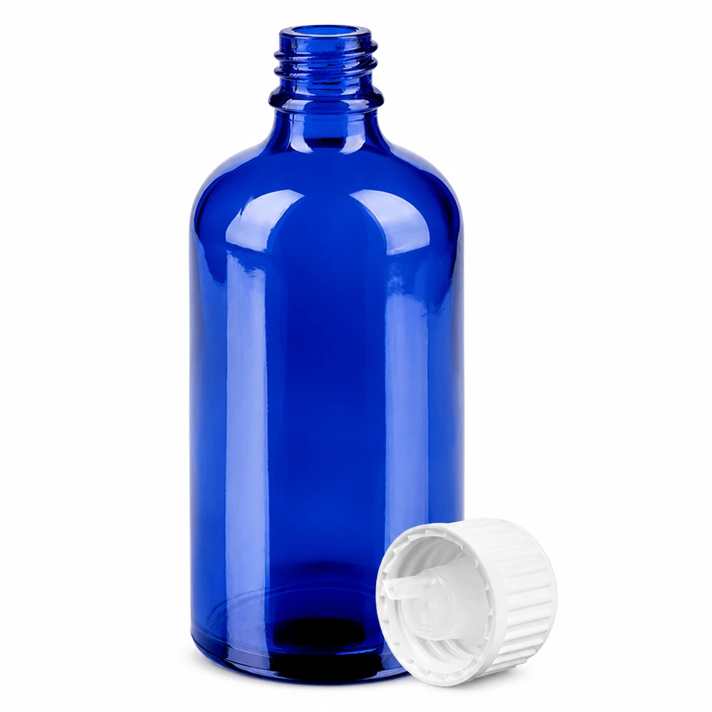 Blå glasflaska 100ml med droppinsats 0,9mm vit för dosering STD BlueLine UT18