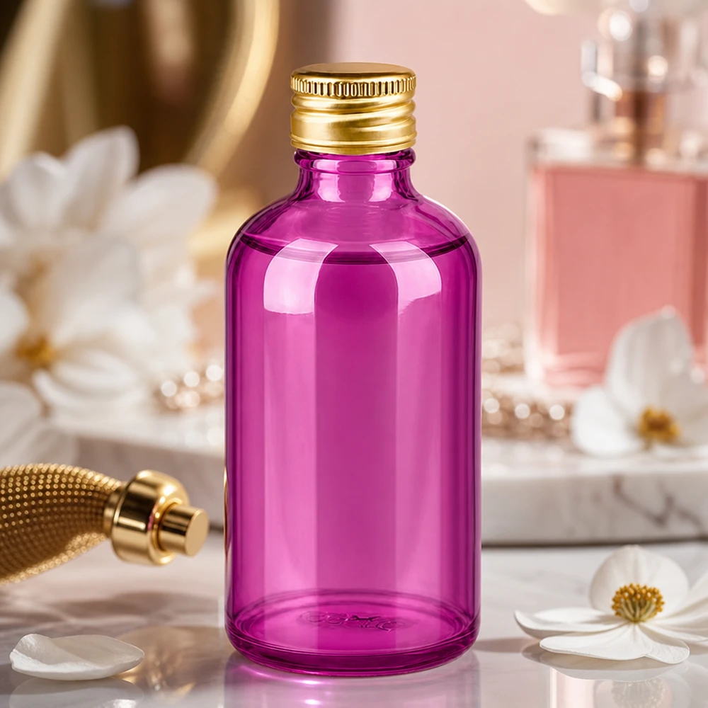 100ml flaska 11mm skruvkork aluminium guld standard PurpleLine. UT18/100 Premium glasflaska 100 ml i lila med elegant guldlock för aromaterapitillämpningar