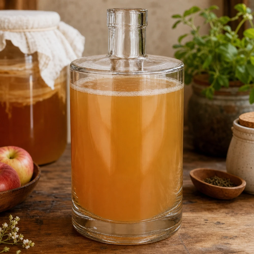 700 ml glasflaska Marie utan förslutning UNiTWIST® 700ml Glasflasche Marie mit goldener Flüssigkeit befüllt in rustikaler Küche neben Äpfeln und Gewürzen dekoriert