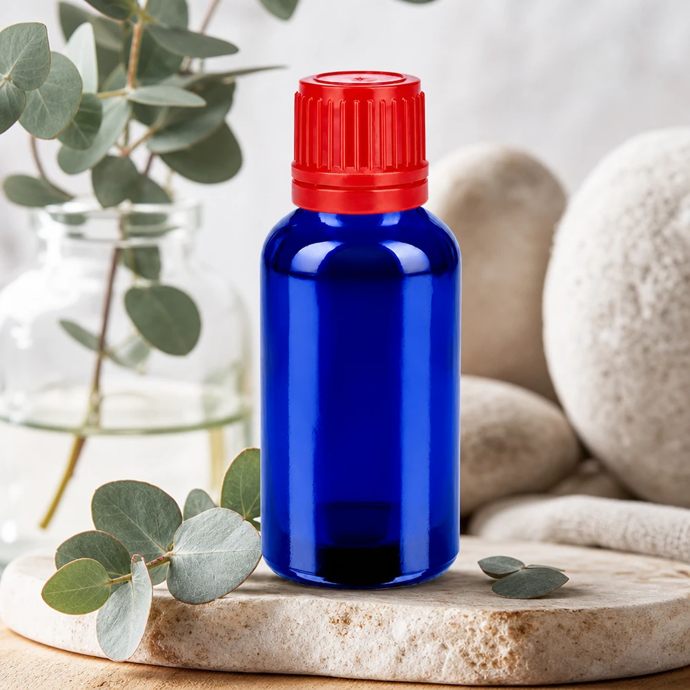 30ml flaska 11mm skruvkork röd sabotagesäker kapsyl BlueLine UT18/30 Kompakt 30 ml glasflaska i BlueLine-serien med rött lock för mobila applikationer