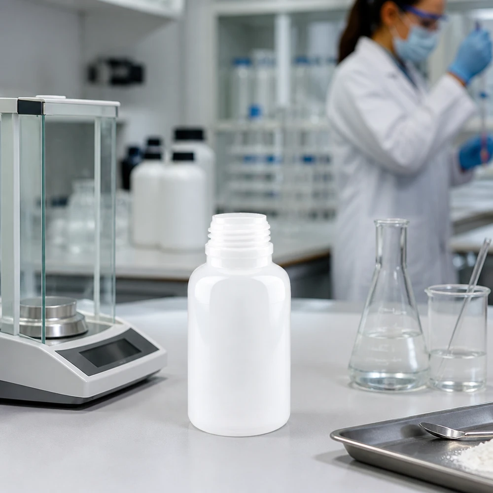 250ml laboratorieflaska med bred hals utan lock En rund 250 ml laboratorieflaska med vid hals utan lock bredvid analysvågen i forskningslaboratoriet