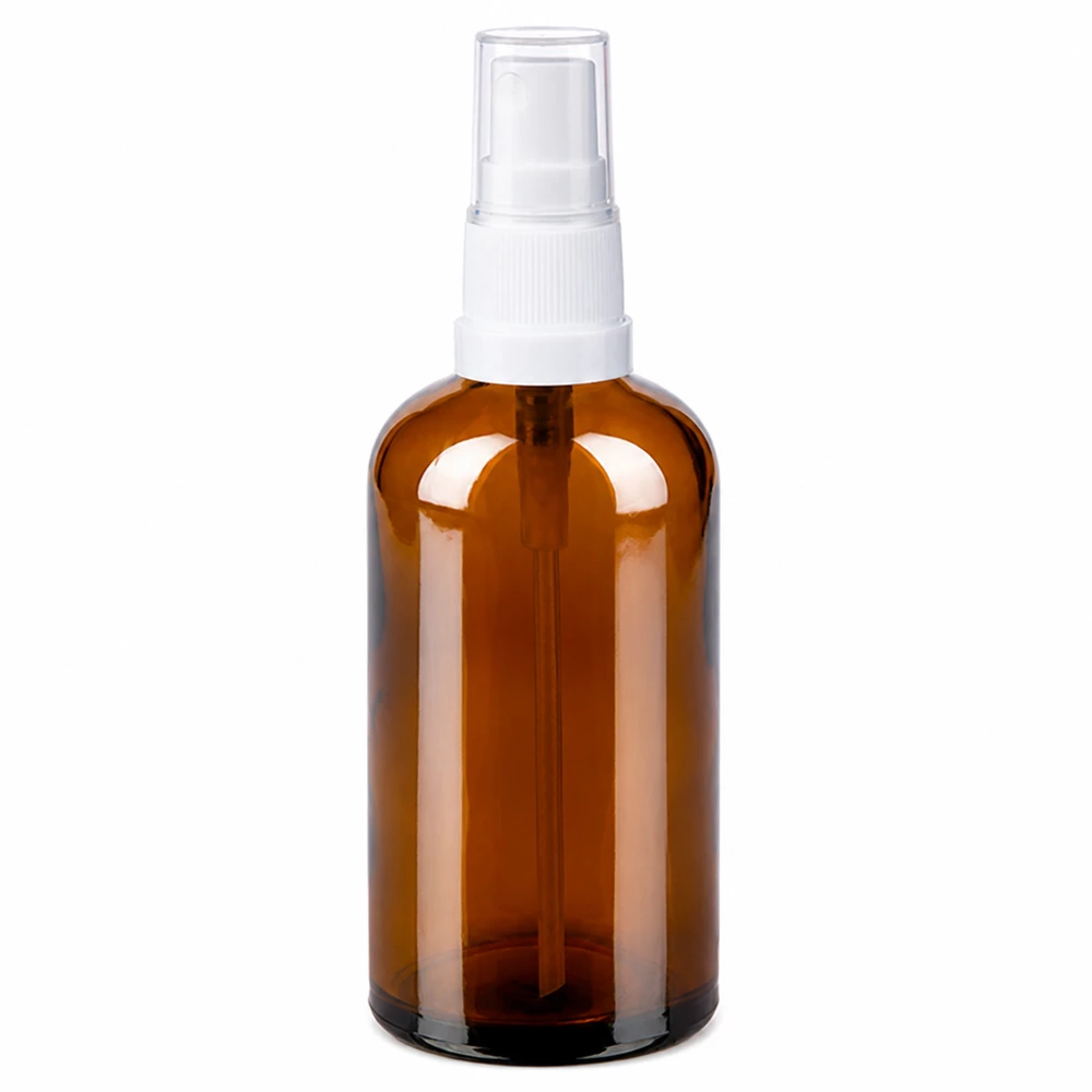100ml Sprayflaska vit/transparent standardlock BrownLine UT18/100 100 ml sprayflaska i bärnstensfärgat glas med vit pumpspruta för kosmetika och eteriska oljor