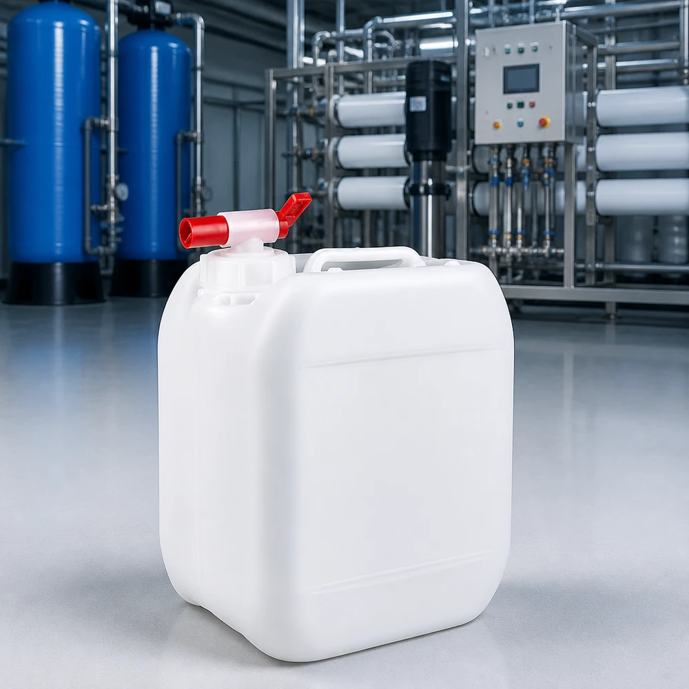 Genomskinlig plastdunk på 5 liter med röd kulventil framför vattenreningsanläggningen