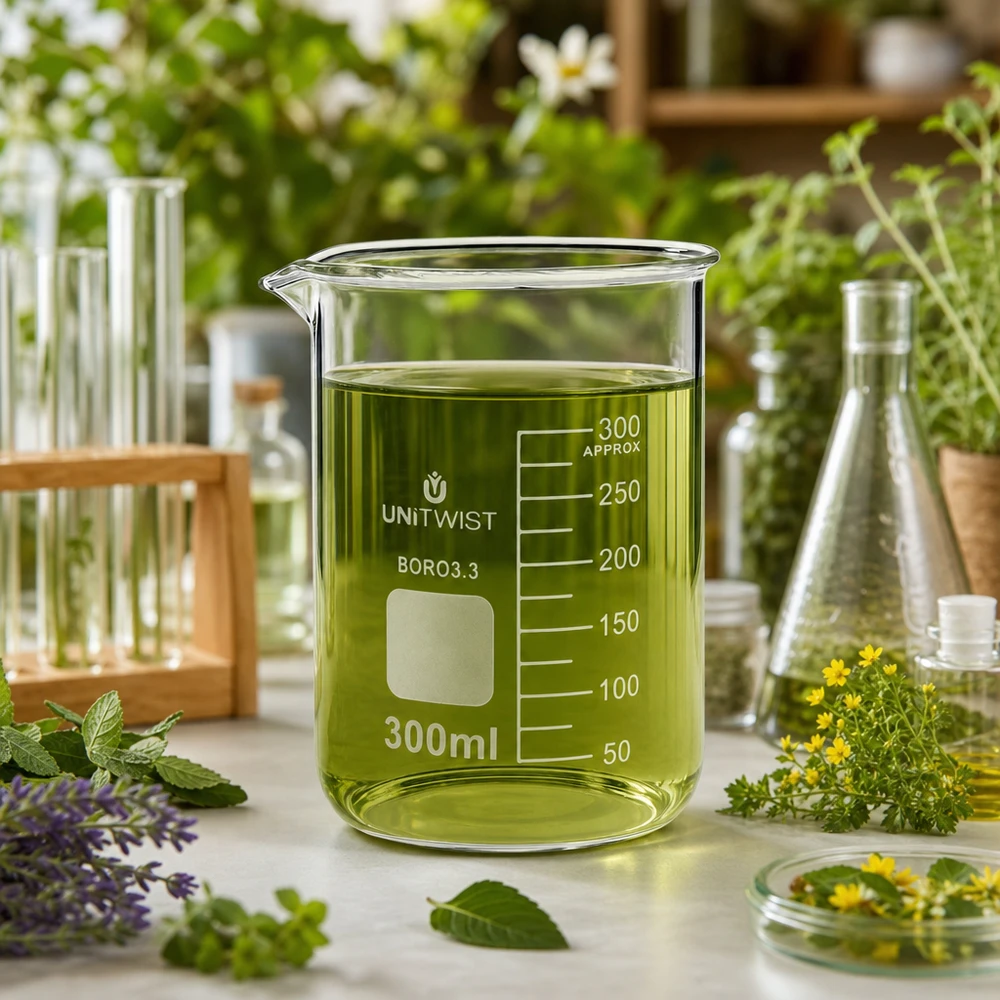 300 ml UNiTWIST-bägare med grönt örtextrakt omgiven av färska medicinalväxter i laboratoriet