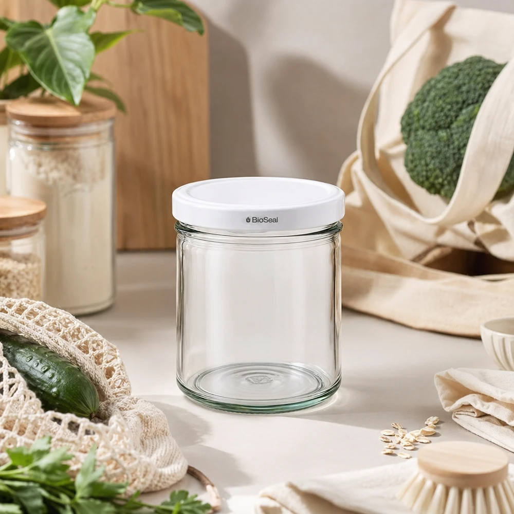 167 ml Krossade glasögon med vitt UNiTWIST BioSeal-lock UNiTWIST Sturz167 Glas mit BioSeal Deckel nachhaltiges Wohnen Zero Waste Küche Öko-Lifestyle Naturmaterialien