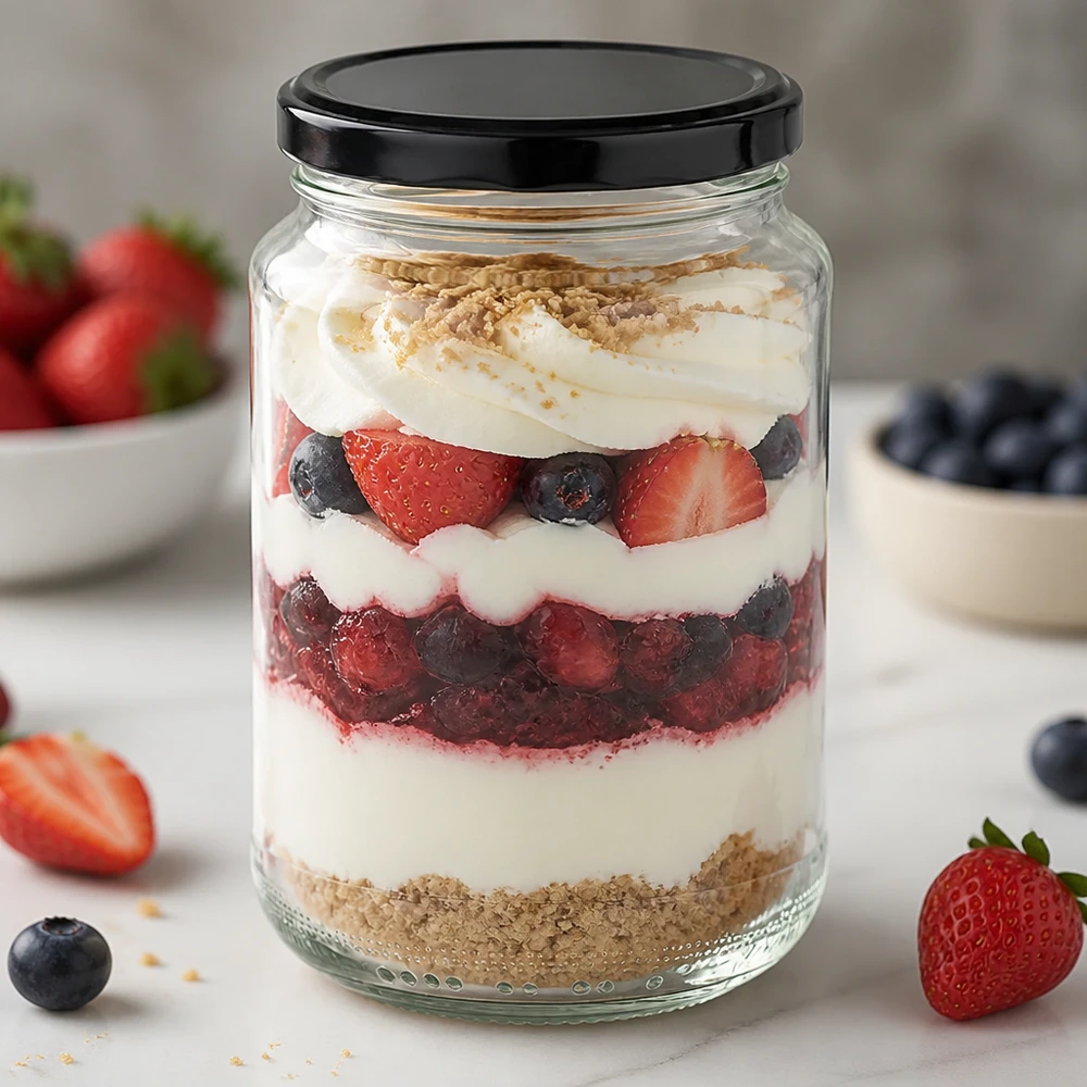 375 ml runt glas med svart lock som dessertglas för bärtrifle visar kreativ användning som portionsglas