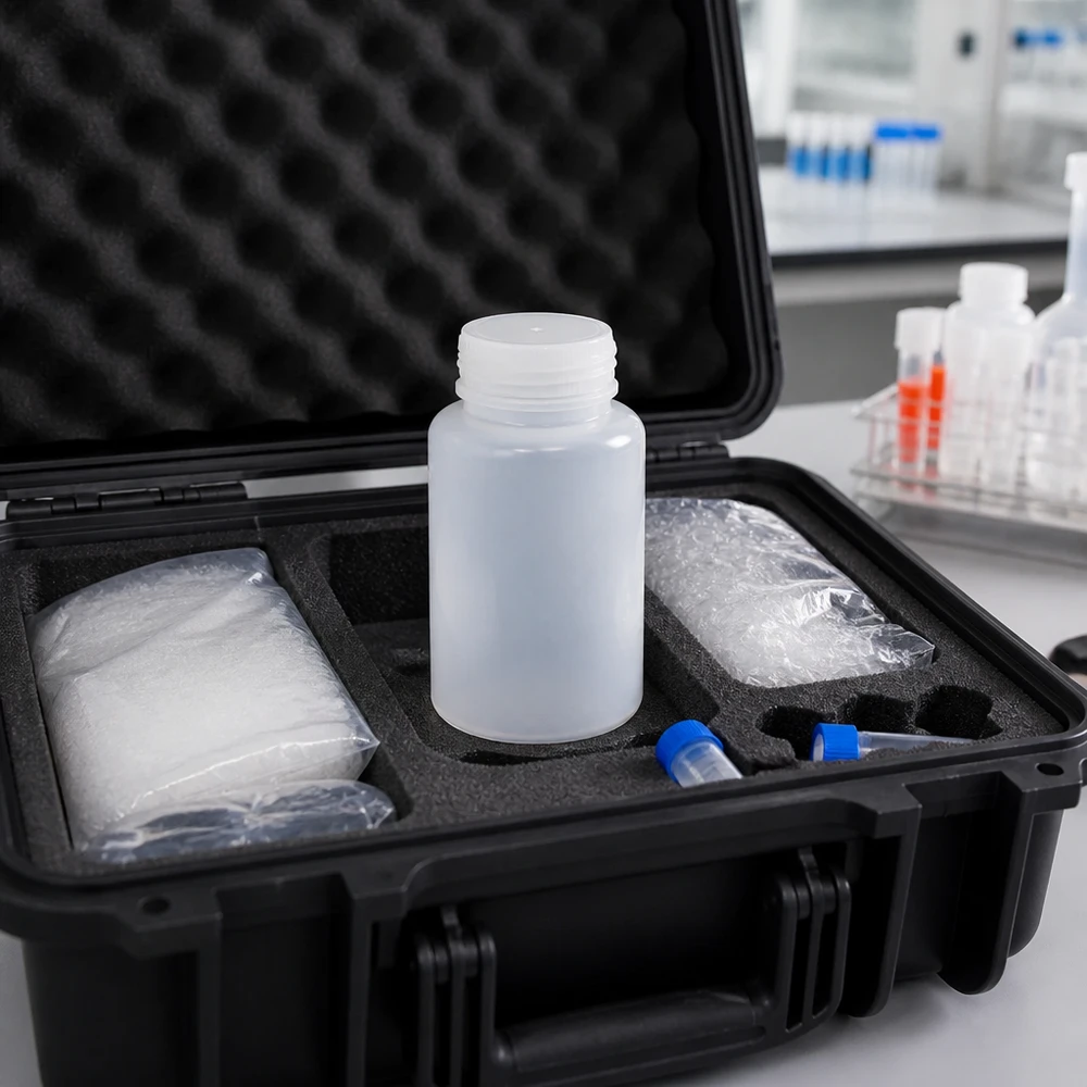 1000 ml laboratorieflaska med vid hals utan lock i svart transportväska med skumgummifoder