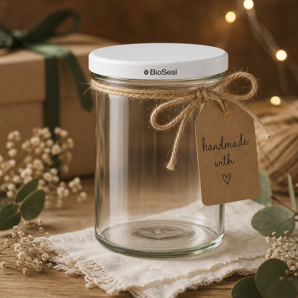 435 ml Krossade glasögon med vitt BioSeal-lock UNiTWIST UNiTWIST-glas 435 ml som presentförpackning med raffiasnöre och handgjort hänge visar kreativa DIY-dekorationsidéer