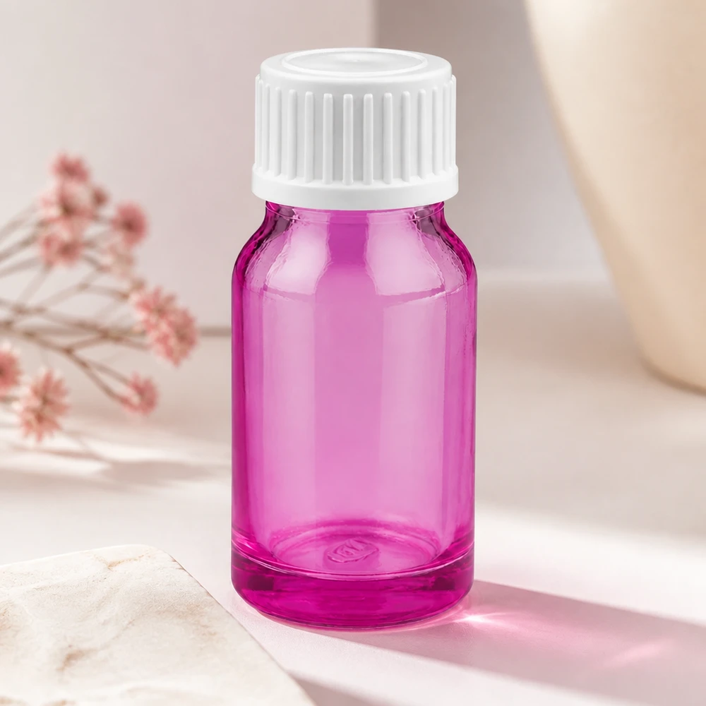 Kompakt 10 ml droppflaska i elegant violett med vitt skruvlock för flytande substanser