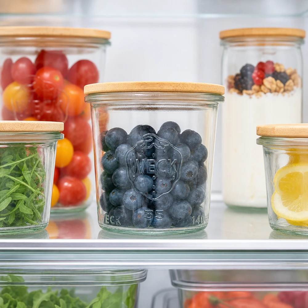 WECK 140 ml RR60-glas med blåbär i kylskåpet visar optimal färskhet och förvaring av frukt