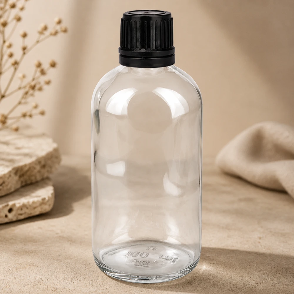 Apoteksflaska, 100 ml, klart glas med barnsäker skruvkork i svart