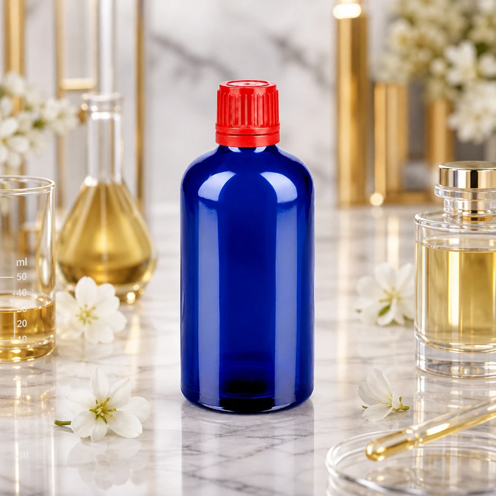 100ml flaska 11mm skruvkork röd säkerhetsförslutning BlueLine UT18/100 100 ml BlueLine apoteksflaska UT18 i koboltblått för säker förvaring av vätskor